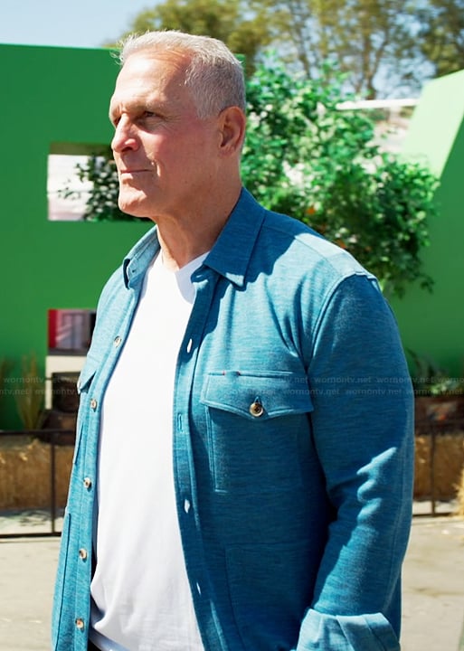 Mel's blue overshirt on The Golden Bachelor