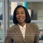 Mia's olive blazer with gold buttons on The Morning Show