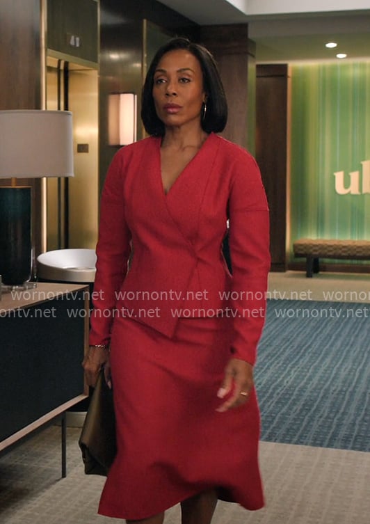 Mia’s red asymmetric jacket and skirt set on The Morning Show