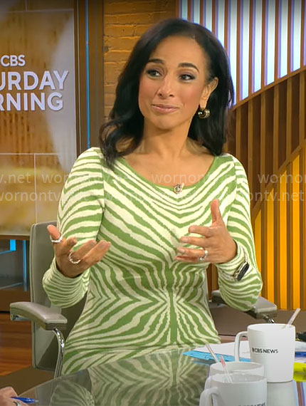 Michelle Miller’s green zebra print dress on CBS Mornings