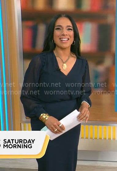 Michelle Miller’s navy blue v-neck blouse on CBS Mornings