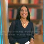 Michelle Miller’s navy blue v-neck blouse on CBS Mornings