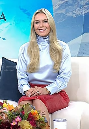 Milan Cortina’s light bue satin top and red sequin skirt on Today