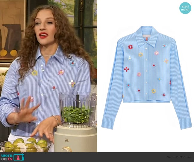 Mira Mikati stripe sequin-embellished shirt worn by Amirah Kassem on The Drew Barrymore Show