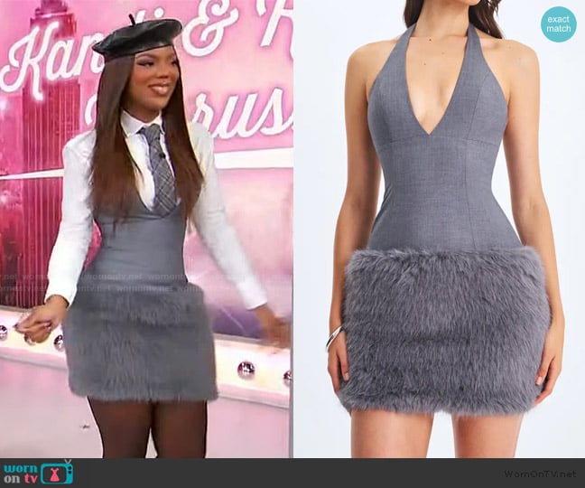 Miss Circle Daisy Drop Waist Fur Trim Halter Mini Dress worn by Riley Burruss on Sherri