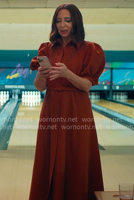 Molly’s rust orange puff-sleeve shirtdress on Loot