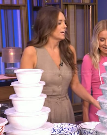 Monica Mangin's plaid sleeveless jumpsuit on Live with Kelly and Mark