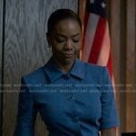 Monica’s blue short sleeve denim shirtdress on Reasonable Doubt