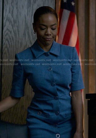 Monica's blue short sleeve denim shirtdress on Reasonable Doubt