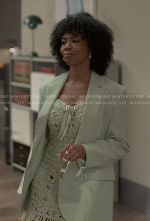 Monica's green crochet mini dress on Reasonable Doubt