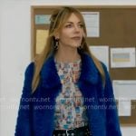 Morgan’s printed mesh top, leather mini skirt and blue fur jacket on High Potential