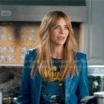 Morgan’s graphic tee, zebra skirt, and blue leather blazer on High Potential