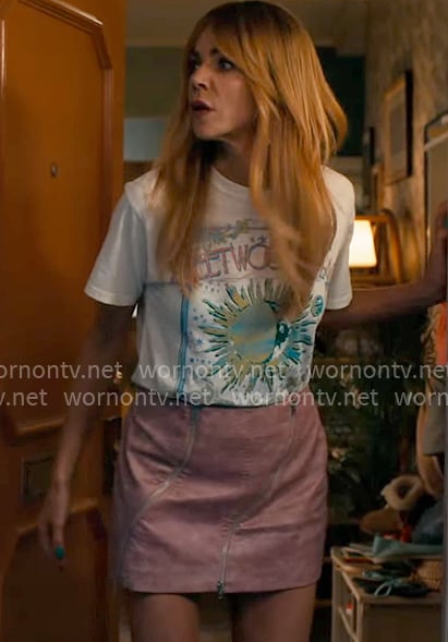 Morgan’s Fleetwood Mac t-shirt and pink mini skirt on High Potential