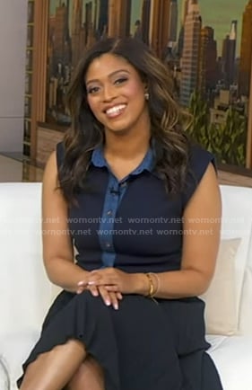 Morgan's navy denim trim sleeveless top on Good Morning America