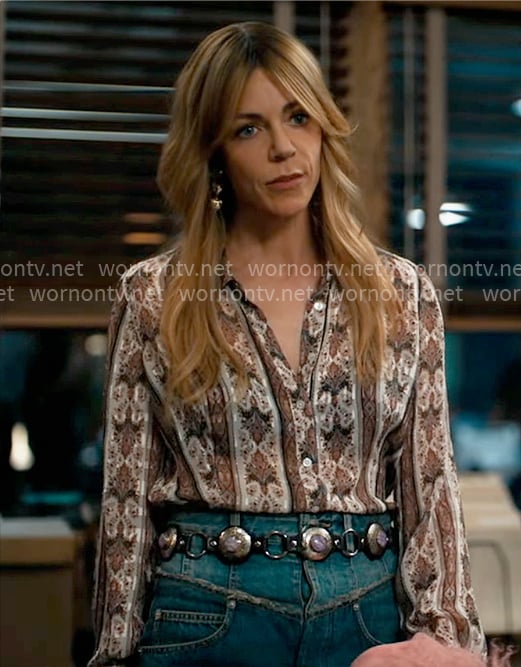Morgan's printed shirt and denim mini skirt with gold heart earrings on High Potential