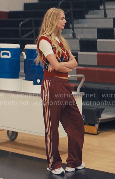 Morgan's red argyle vest and side stripe pants on Nobody Wants This