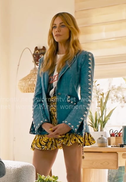 Morgan's studded denim blazer, Blondie t-shirt and yellow printed skirt on High Potential