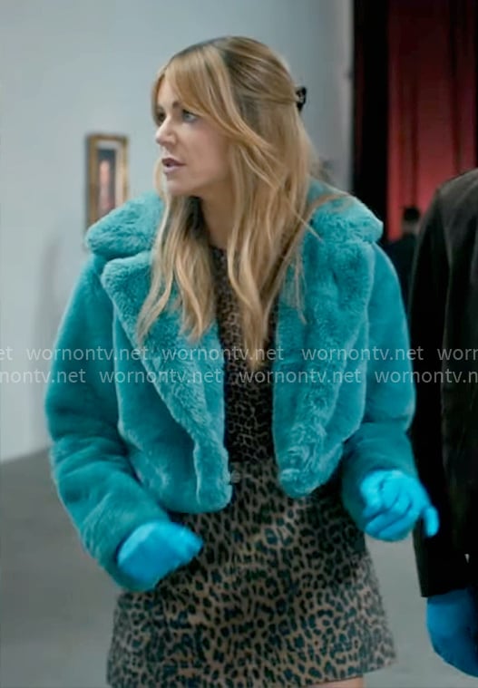 Morgan’s turquoise blue fur jacket on High Potential