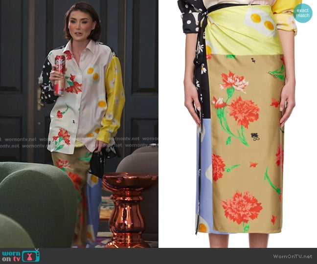 Moschino Multicolor All Over Daisy Print Midi Skirt worn by Bronwyn Newport on The Real Housewives of Salt Lake City