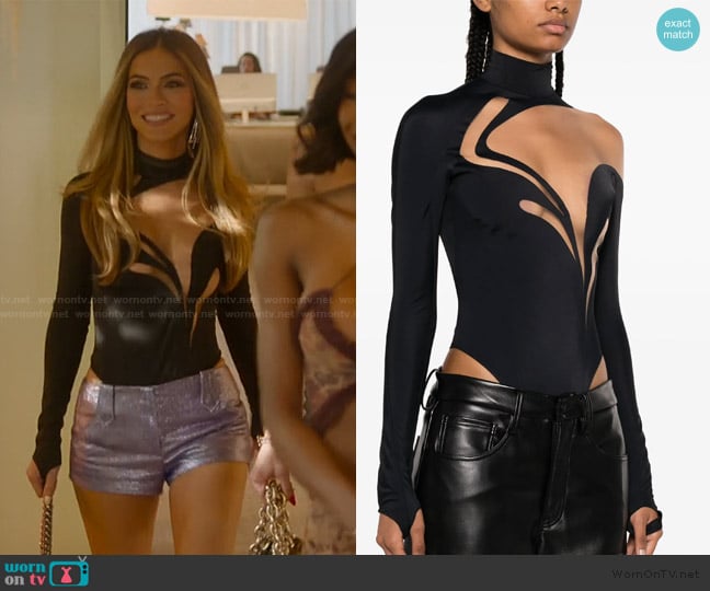 Chrishell’s black cutout bodysuit on Selling Sunset Chrishell’s black cutout bodysuit on Selling Sunset