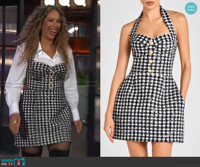 Nadine Merabi Metallic Tweed Halter Neck Cocktail Minidress worn by Leona Lewis on The Kelly Clarkson Show