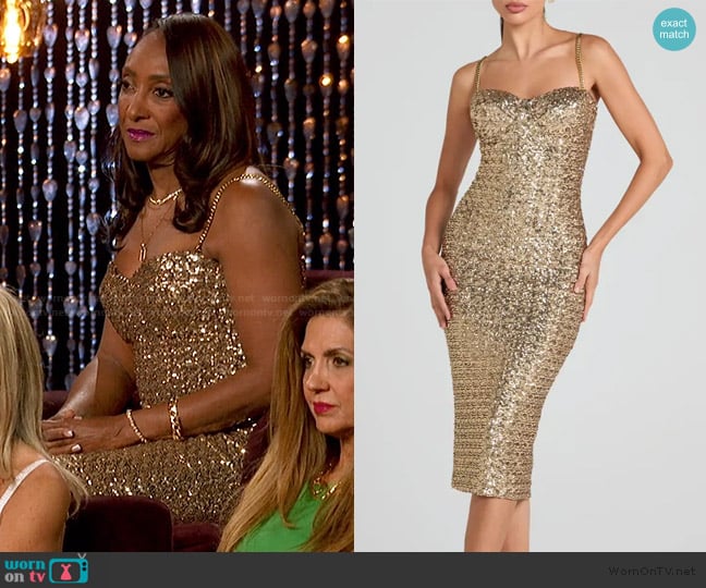 Monica’s gold sequin dress on The Golden Bachelor Monica’s gold sequin dress on The Golden Bachelor