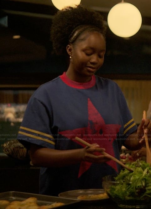 Naima's blue star print tee on Reasonable Doubt