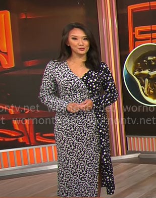 Nancy Chen’s mixed print wrap dress on CBS Mornings