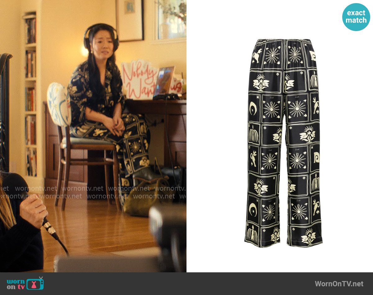 Nanushka Brenda silk trousers worn by Ashley (Sherry Cola) on Nobody Wants This