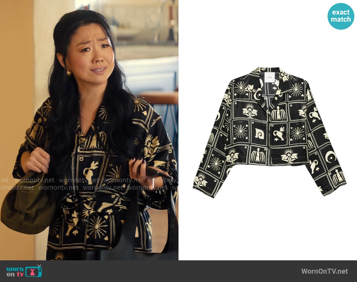 Nanushka Vally printed silk top worn by Ashley (Sherry Cola) on Nobody Wants This