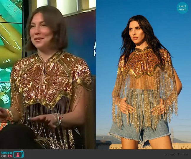 Nasty Gal Star Tassel Beaded Cape worn by Raegan Baylee on Access Hollywood
