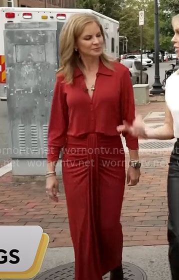 Natalie Morales' red draped front dress on CBS Mornings