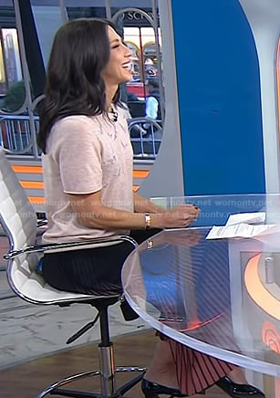Natalie’s pink short sleeve sweater and pleated ombre skirt on Today