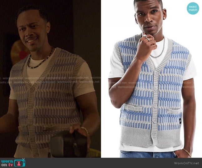 Native Youth Braided Knit Waistcoat in grey and blue worn by Terrence Stewart (Anthony Chatmon II) on Reasonable Doubt