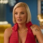 Nicole’s red floral applique confessional dress on Selling Sunset