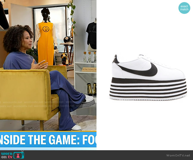 Nike x Comme des Garçons Cortez Striped Wedge Platform Sneakers in White worn by Kiya Tomlin on Today