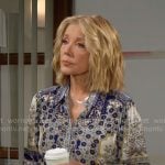 Nikki’s blue printed bell-sleeve blouse on The Young and the Restless