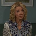 Nikki's blue printed bell-sleeve blouse on The Young and the Restless