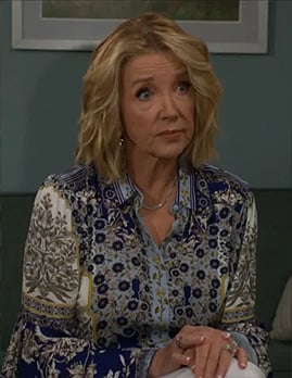 Nikki’s blue printed bell-sleeve blouse on The Young and the Restless