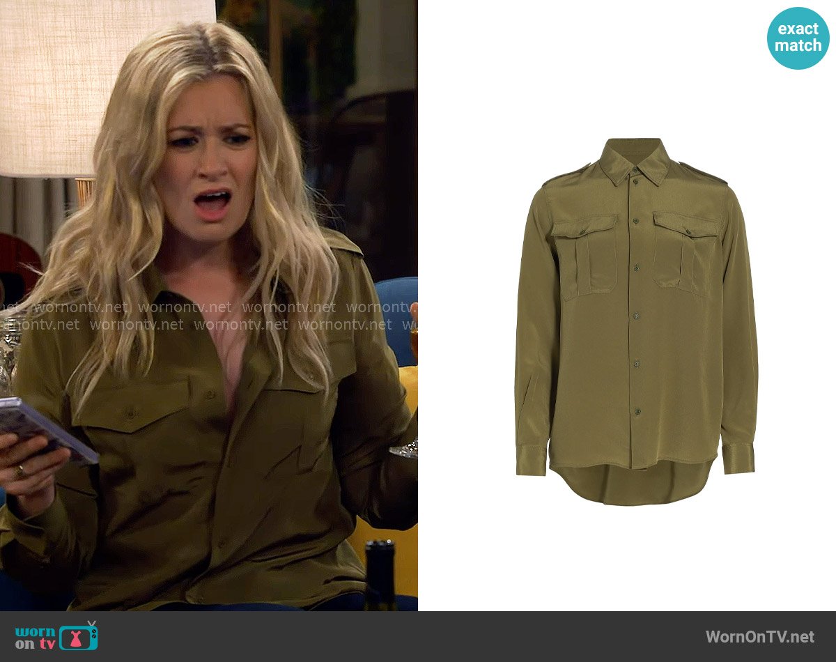 Nili Lotan Jeanette Shirt in Olive worn by Gemma (Beth Behrs) on The Neighborhood