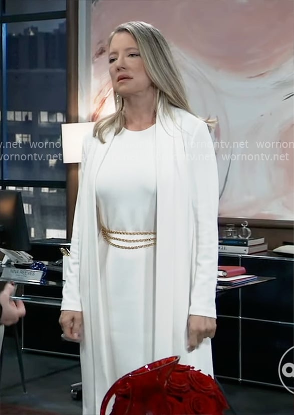 Nina's white dress with chain belt and cardigan on General Hospital