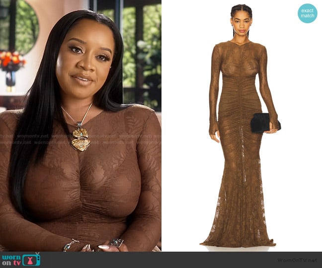 Norma Kamali Long Sleeve V Neck Shirred Front Fishtail Gown worn by Angel Massie on The Real Housewives of Potomac