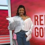 Renee’s stripe off-shoulder shirt and bow jeans on Today
