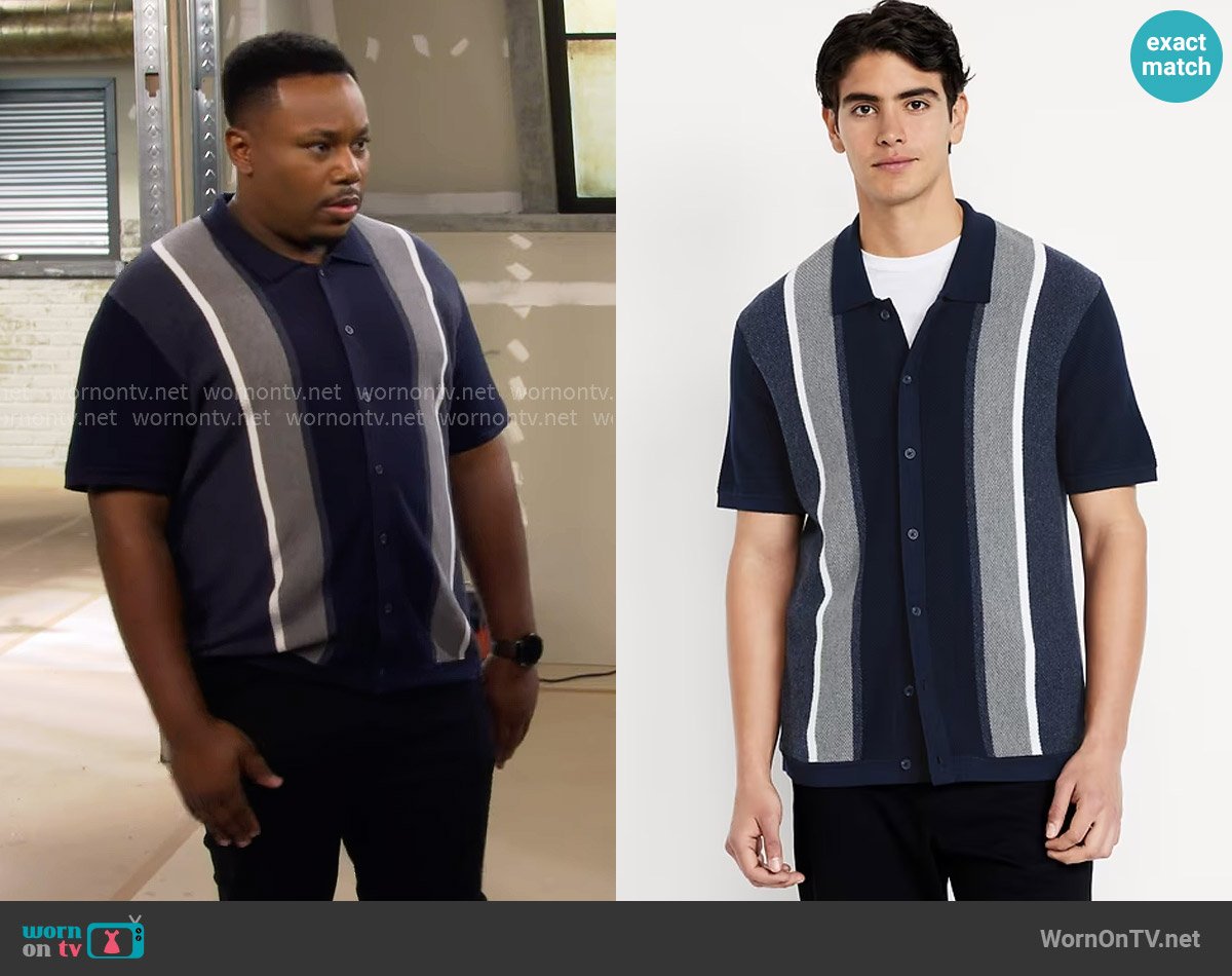 Old Navy Button-Down Striped Polo worn by Marty (Marcel Spears) on The Neighborhood