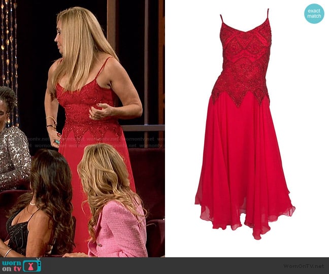 Oleg Cassini Red Silk Chiffon Beaded Handkerchief Midi Dress worn by Alexandra Tovar on The Golden Bachelor