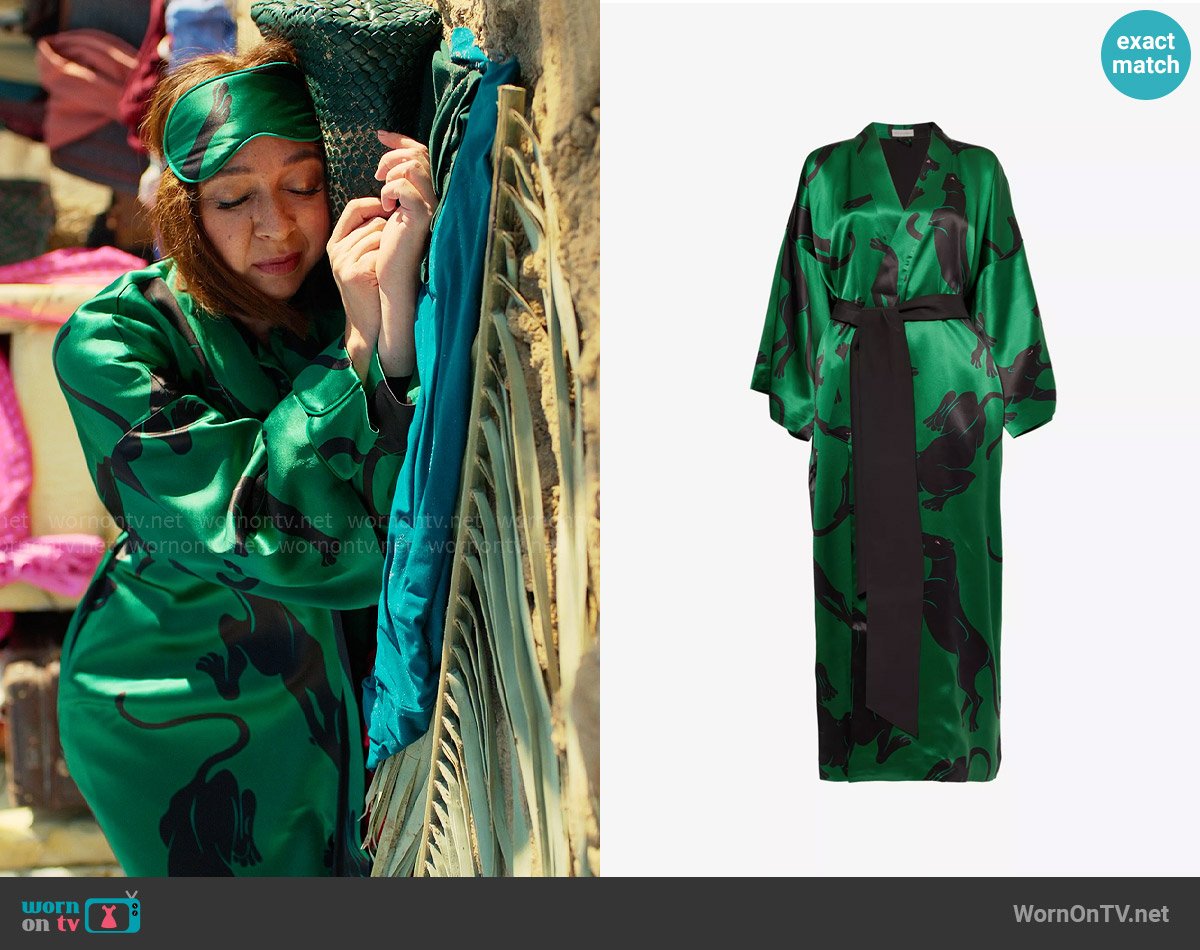 Olivia von Halle Queenie panther-print silk robe in Poiret worn by Molly Novak (Maya Rudolph) on Loot