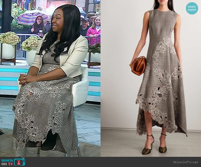 Oscar de la Renta Asymmetric Guipure Lace-trimmed Prince Of Wales Checked Dress in Brown worn by Shonda Rhimes on Today