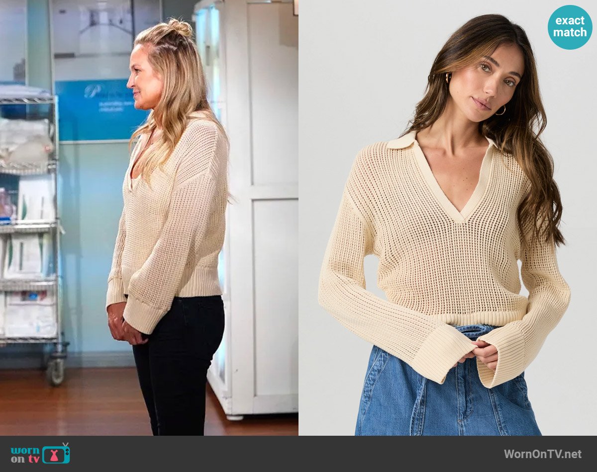 Paige Riva Sweater in Neutral Ecru worn by Sharon Newman (Sharon Case) on The Young and the Restless
