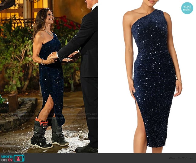 Petal & Pup Kiki One Shoulder Sequin Midi Dress worn by Cheryl Steele on The Golden Bachelor