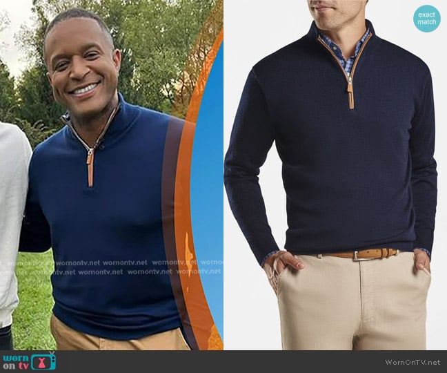 Peter Millar Crown Soft Suede Trim Quarter-Zip in Navy worn by Craig Melvin on Today